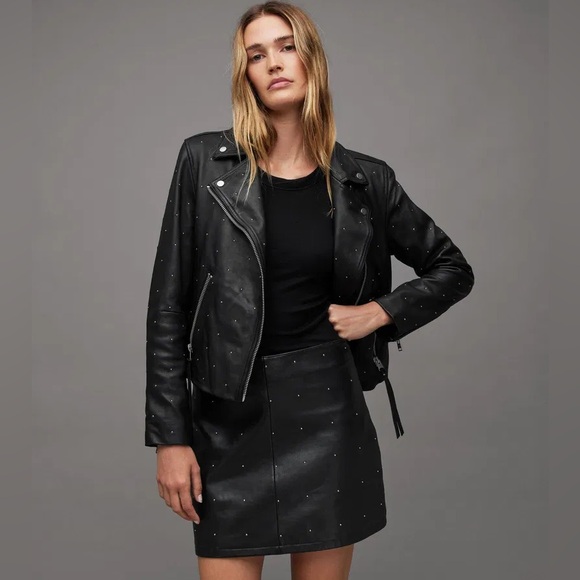 NWOT All Saints Dalby Pin-Studded Leather Biker Jacket - Picture 9 of 9